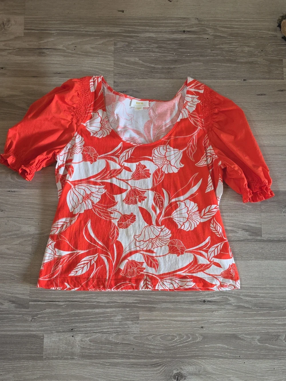 Anthropologie Maeve Red Orange & White Floral Scoop-Neck Puff Sleeve Top Size L